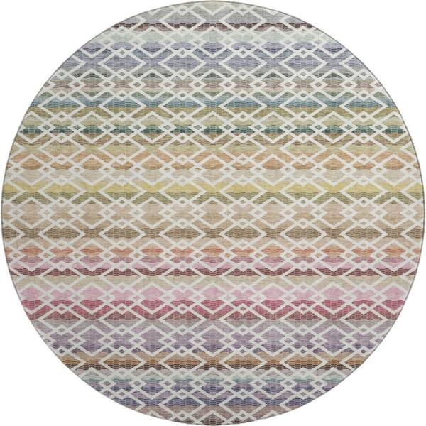 Mayfield Premium Machine Washable Abstract AMF2531 Ivory 8 ft. x 8 ft. Round Rug