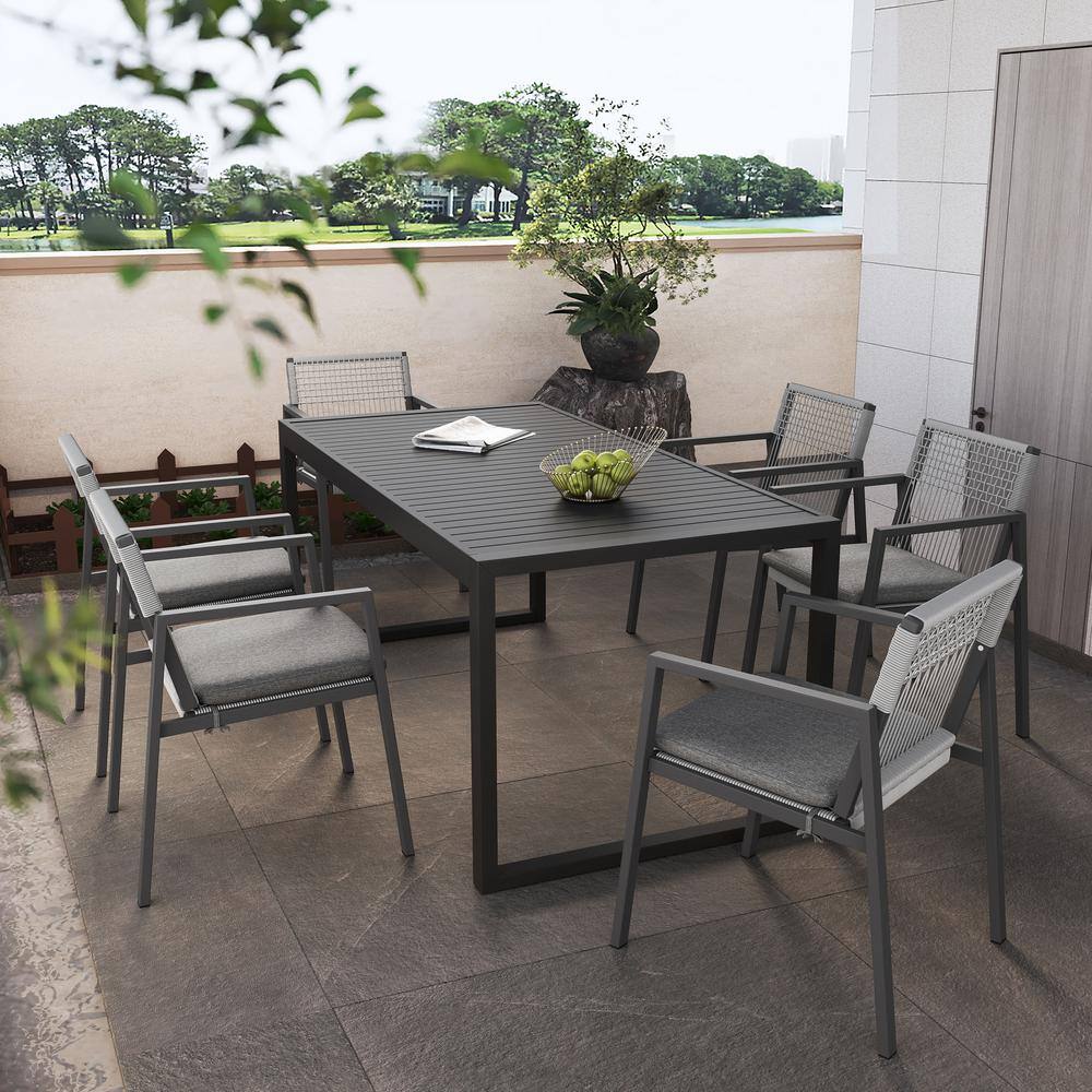 Black 7-Piece Aluminum Outdoor Dining Set, Patio Dining Table and 6-Dining 
