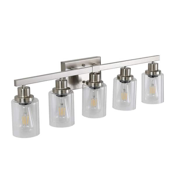 31.1 in. 5-Light Modern Brushed Nickel Bathroom Vanity Light Fixture with Clear Glass Shades (No Bulbs)