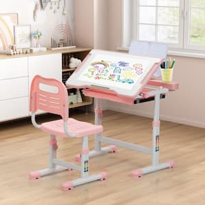 Kids Desk and Chair Set, Height Adjustable Children Study Workstation with Tilted Desktop, Book Stand and Storage