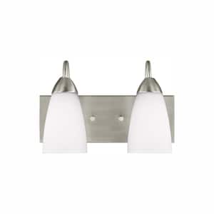 Seville 13 in. 2-Light Brushed Nickel Transitional Modern Wall Bathroom Vanity Light with White Glass and LED Bulbs