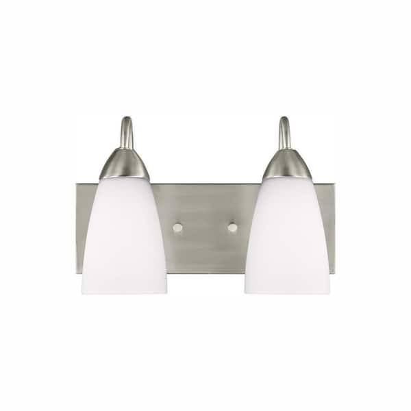 Generation Lighting Seville 13 in. 2-Light Brushed Nickel Transitional Modern Wall Bathroom Vanity Light with White Glass and LED Bulbs