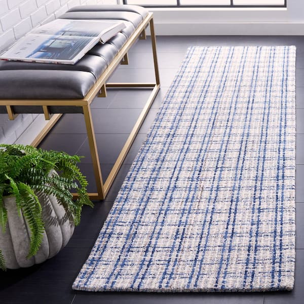 Abstract 2 ft. x 8 ft. Blue/Ivory Modern Plaid Runner Rug