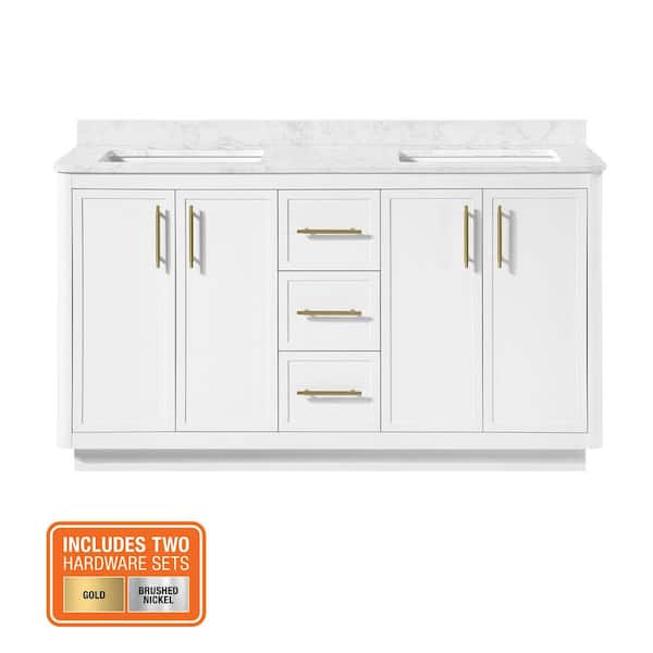 Tamsin 60 in. Double Sink White Bath Vanity with White Round Corner Engineered Marble Top (Assembled)