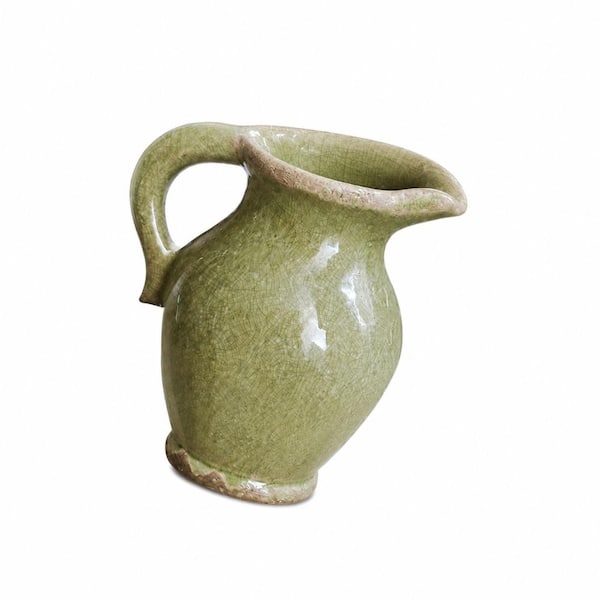 8 in. Vintage Green Ceramic Pitcher Vase Rustic Farmhouse Ice-Cracked Glaze Chinoiserie Centerpiece Inch