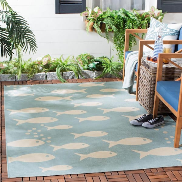 Courtyard Aqua/Beige 4 ft. x 6 ft. Geometric Indoor/Outdoor Patio  Area Rug