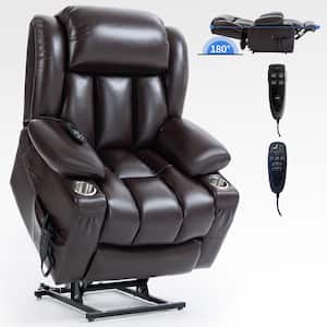 Dark Brown Leather Motor Power Lift Massage Recliner Chair with Lumbar Heating and Cup Holders