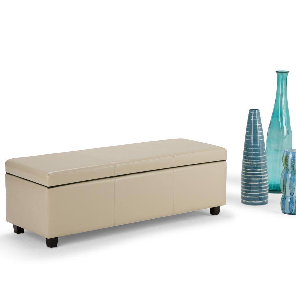 Satin Cream Vegan Faux Leather 48" Rectangular Storage Ottoman