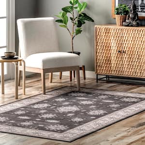 Mollie Machine Washable Traditional Border Charcoal 5 ft. x 8 ft. Indoor Area Rug