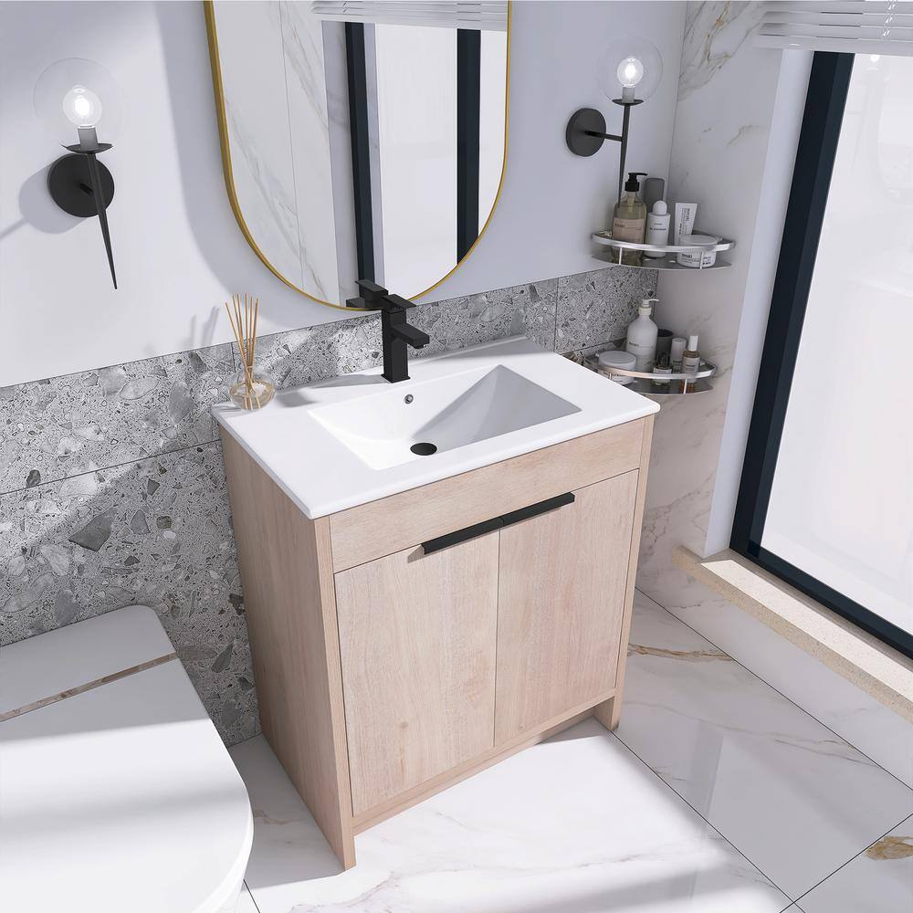 Freestanding Light Oak Plywood Bathroom Vanity with White Ceramic Sink