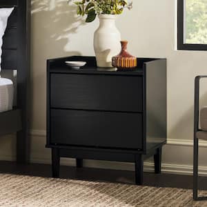 2-Drawer Black Solid Wood Mid-Century Modern Tray-Top Nightstand
