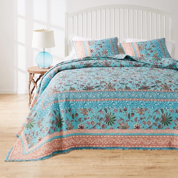 Audrey 3-Piece Turquoise Floral Cotton Blend Queen Jumbo Quilt Set