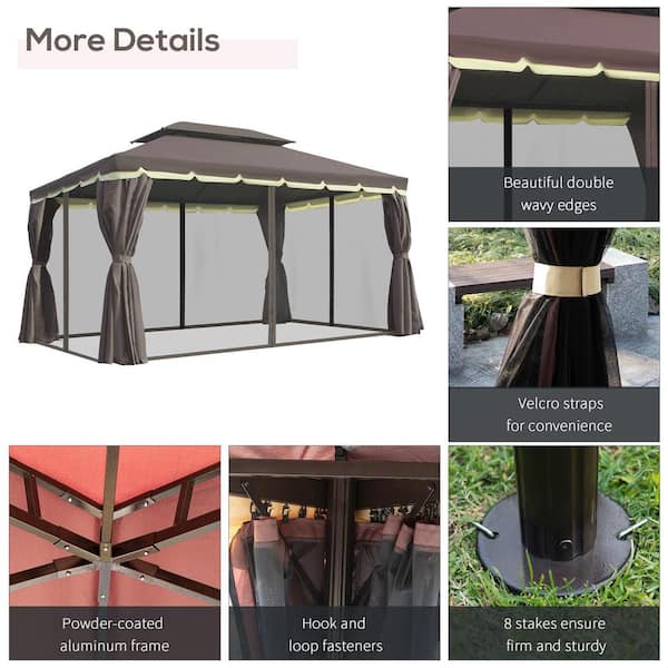 Aluminum Frame Double Roof Outdoor Gazebo with Netting and Curtains - Coffee