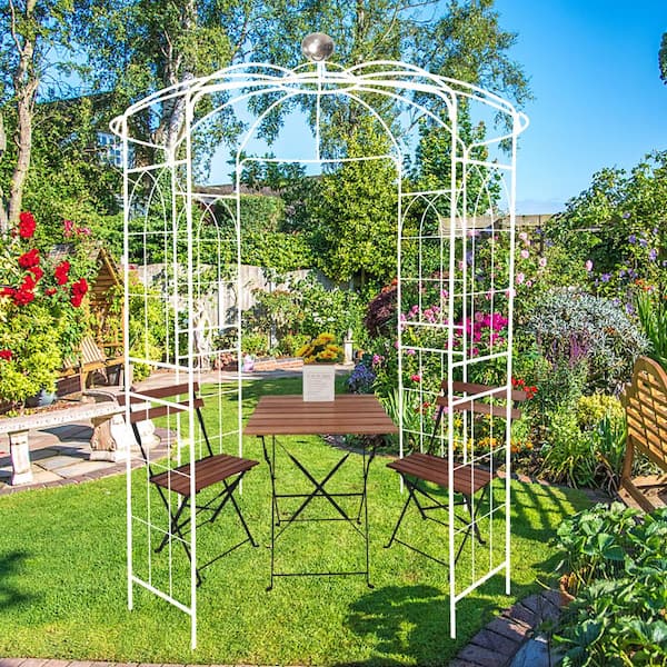 AUTMOON 114 in. Metal Arch Trellis for Climbing Plants, French Style Pergola Pavilion Garden Arbor for Wedding Ceremony, White