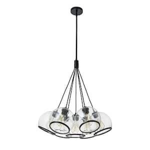 24.8 in. W Coast 7-Light Matte Black Chandelier with Clear Glass Globes Cluster Pendat for Living Room, Dining Room