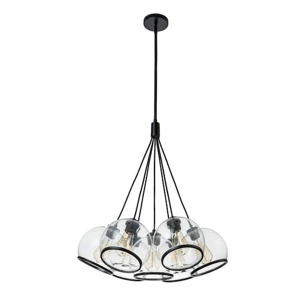 HUOKU 24.8 in. W Coast 7-Light Matte Black Chandelier with Clear Glass Globes Cluster Pendat for Living Room, Dining Room