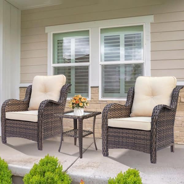 Brown 3-Piece Wicker Outdoor Bistro Set Patio Furniture Armchairs Rattan Side Table with Beige Cushions
