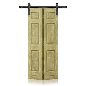 24 in. x 80 in. Antique Gold Stain 6 Panel MDF Composite Hollow Core Bi-Fold Barn Door with Sliding Hardware Kit