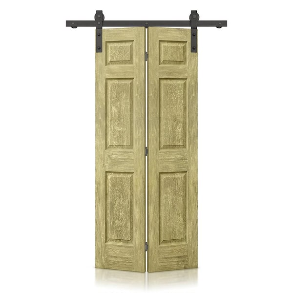 CALHOME 36 in. x 80 in. Antique Gold Stain 6 Panel MDF Composite Hollow Core Bi-Fold Barn Door with Sliding Hardware Kit