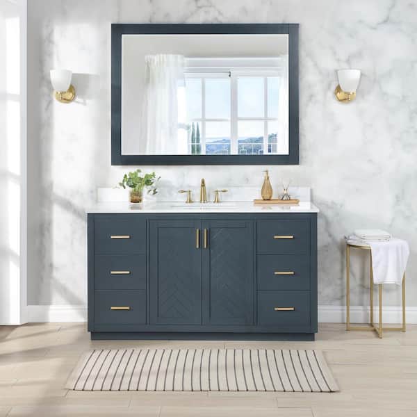 Altair Gazsi 60S in. W x 22 in. D x 34 in. H Bath Vanity in Charcoal Blue with Grain White Composite Stone Top and Mirror
