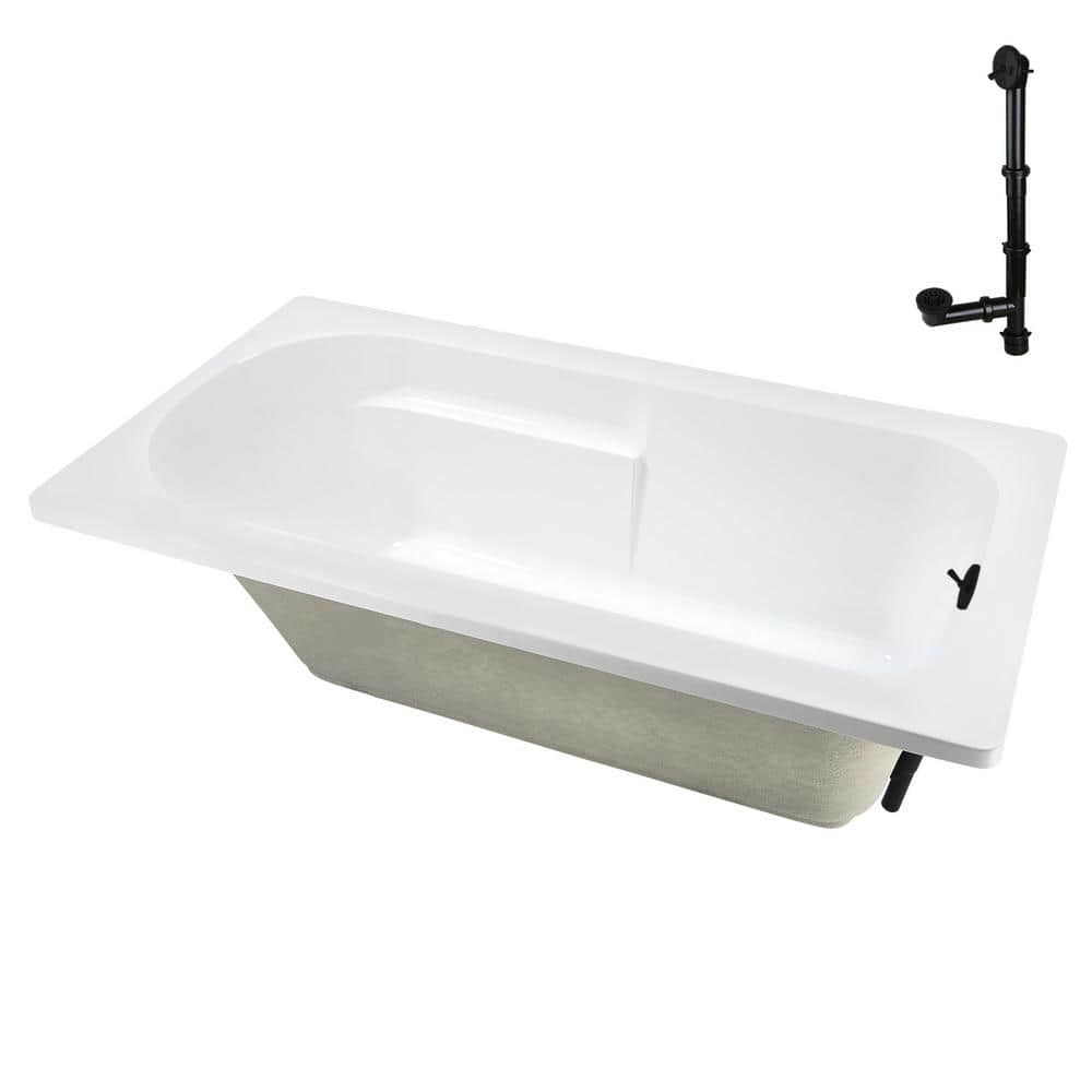 72" x 36" Glossy White Acrylic Drop-In Soaking Bathtub with Matte Black Hardware