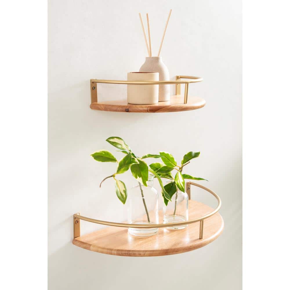 Natural Wood and Gold Floating Semi-Circle Wall Shelves