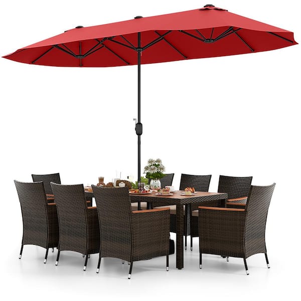 9-Piece Wicker and Wood Outdoor Dining Set with Beige Cushions and 15 ft. Double-Sided Twin Red Umbrella
