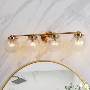 Modern 29.5 in. 4-Light Plated Brass Bathroom Vanity Light with Cracked Globe Glass Shades