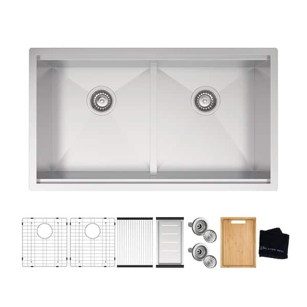 Glacier Bay Zero Radius 33 in. Undermount 50/50 Double Bowl 18 Gauge Stainless Steel Kitchen Sink with Accessories