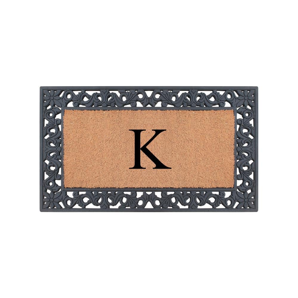 A1 Home Collections A1hc Floral Pattern Black 18 in. x 30 in. Rubber and Coir Outdoor Entrance Durable Monogrammed U Door Mat