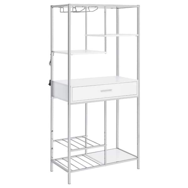 Benjara 67 in. White and Chrome Metal Wine Bar Storage with 5 Shelves and 1-Drawer