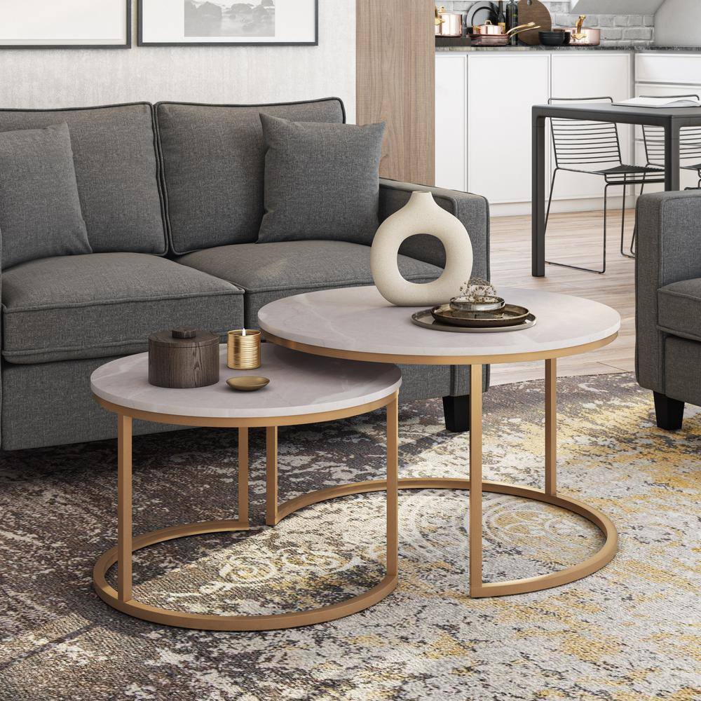 Fort Worth White Marble and Gold Round Nesting Coffee Table Set