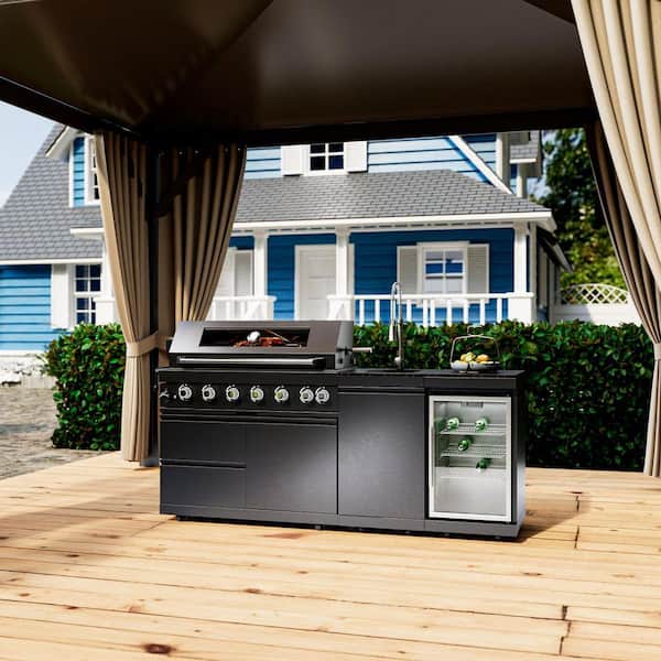 Deluxe 6-Burner Propane Gas Grill Island Outdoor Kitchen with Rotisserie kit Refrigerator Sink in Stainless Steel