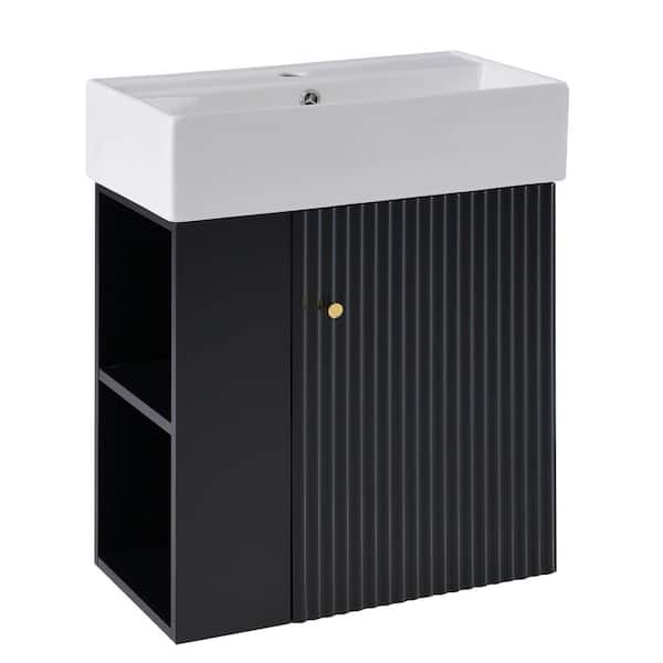 Lycvki 21.6 in. Floating Bath Vanity Cabinet in Black with White Ceramic Basin Top, Left Side Storage