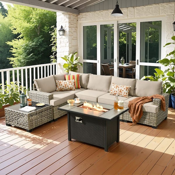 Silvae Gray 7-Piece PE Rattan Wicker Modern Outdoor Patio Conversation Sets with Fire Pit Table & Beige Cushion