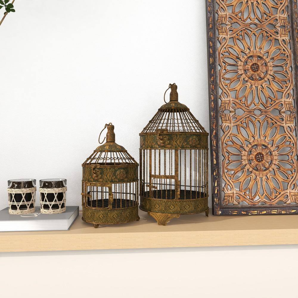 Bronze Antique Carved Metal Birdcage Set, 2 Pieces