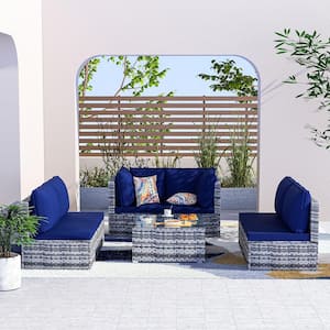 7-Piece Light Gray Rattan Wicker Outdoor Patio Sectional Sofa Set with Navy Blue Cushions and 2 Pillows