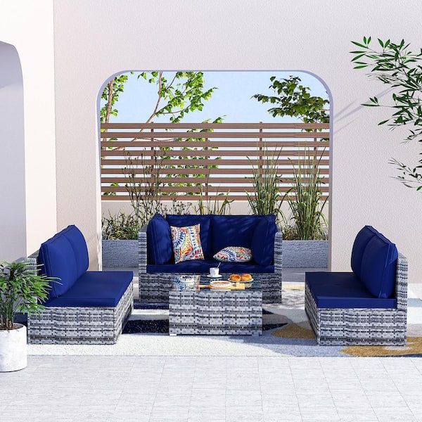 Unbranded 7-Piece Light Gray Rattan Wicker Outdoor Patio Sectional Sofa Set with Navy Blue Cushions and 2 Pillows