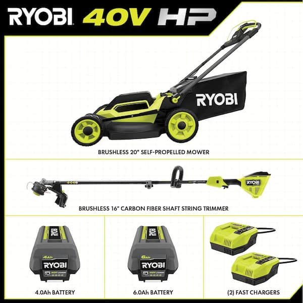 40V HP Brushless 20" Cordless Electric Walk Behind Self-Propelled Lawn Mower and Trimmer - (2) Batteries/(2) Chargers