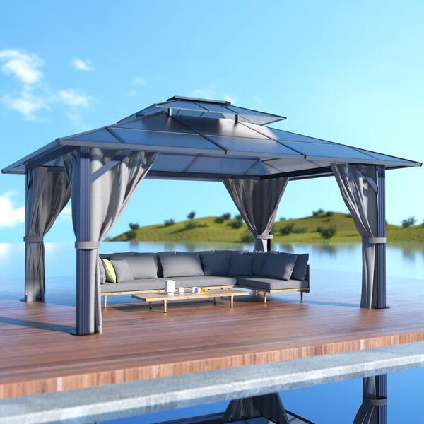 VEIKOUS 13 ft. x 10 ft. Polycarbonate Double Top Gazebo with Gray ...