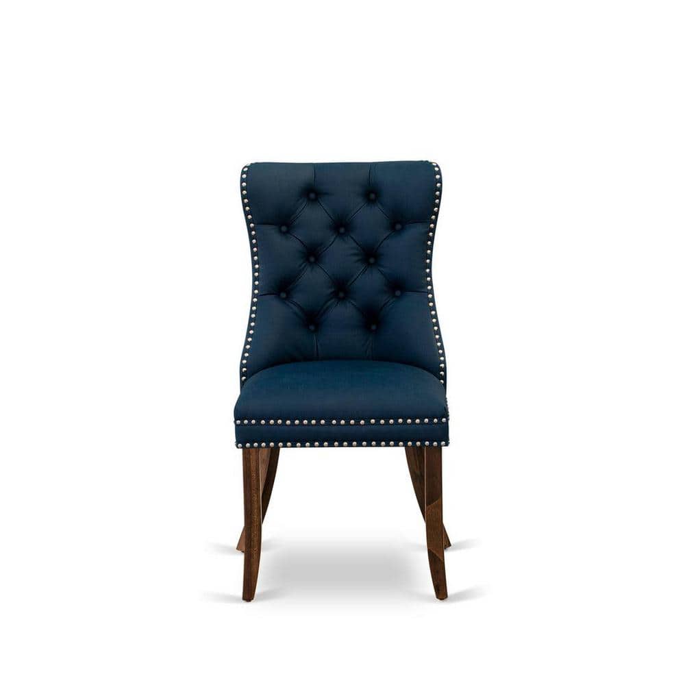 Antique Walnut Round Rubberwood Dining Table with Dropleaf and 2 Navy Blue Faux Leather Chairs