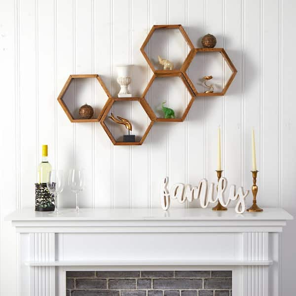 Nearly Natural 3in. x 10in. x 12in. Brown Wooden Hexagon Floating Honeycomb Shelf Set of 5 7084