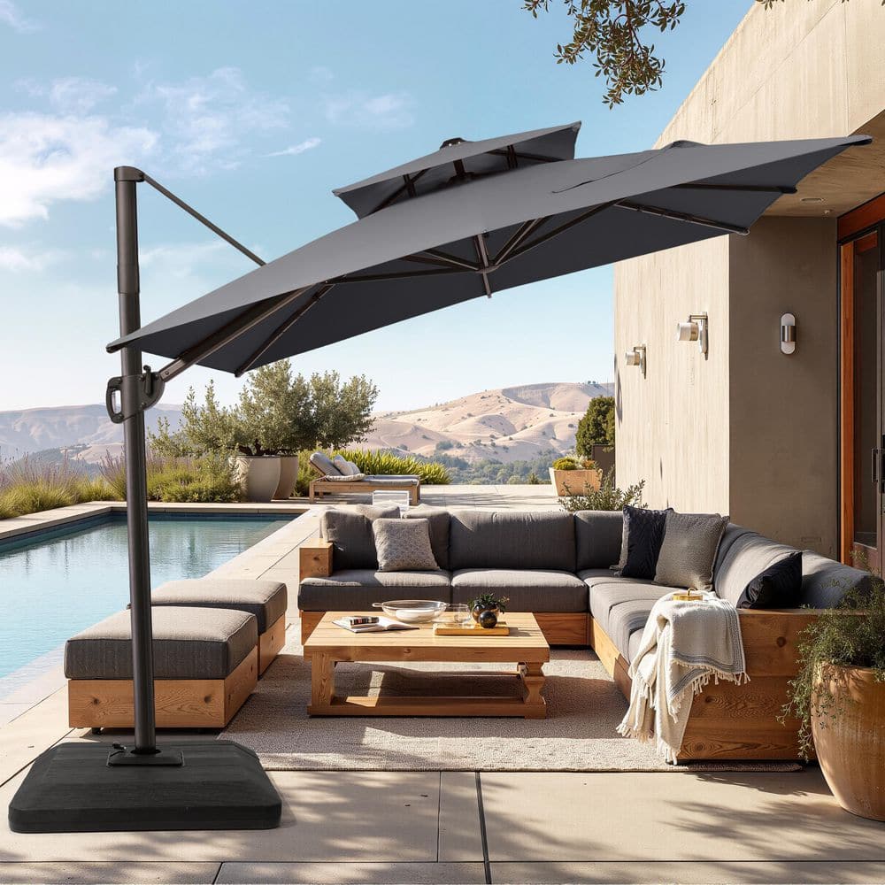 9 ft. x 11 ft. Dual Top Offset Cantilever Crank-Control 360° Rotation Patio Umbrella in Gray with Weighted Base price history on PriceWatchPro