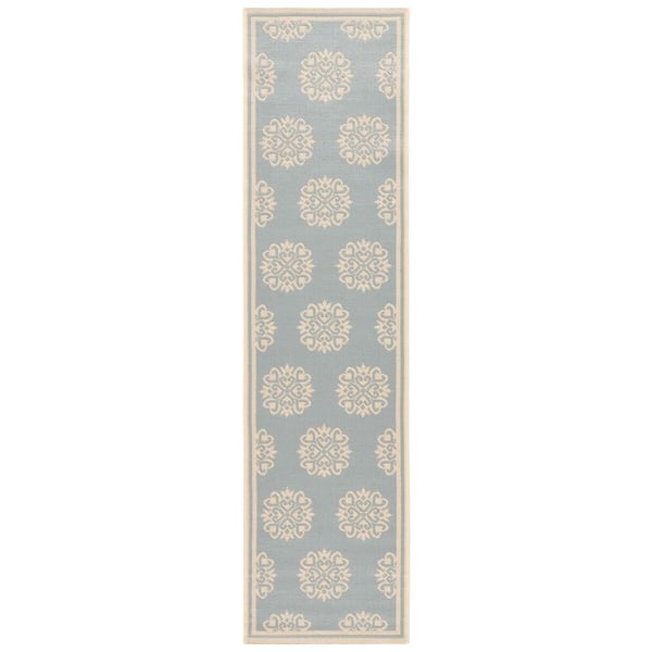 Linden Aqua/Cream 2 ft. x 8 ft. Border Multi-Florals Indoor/Outdoor Runner Rug
