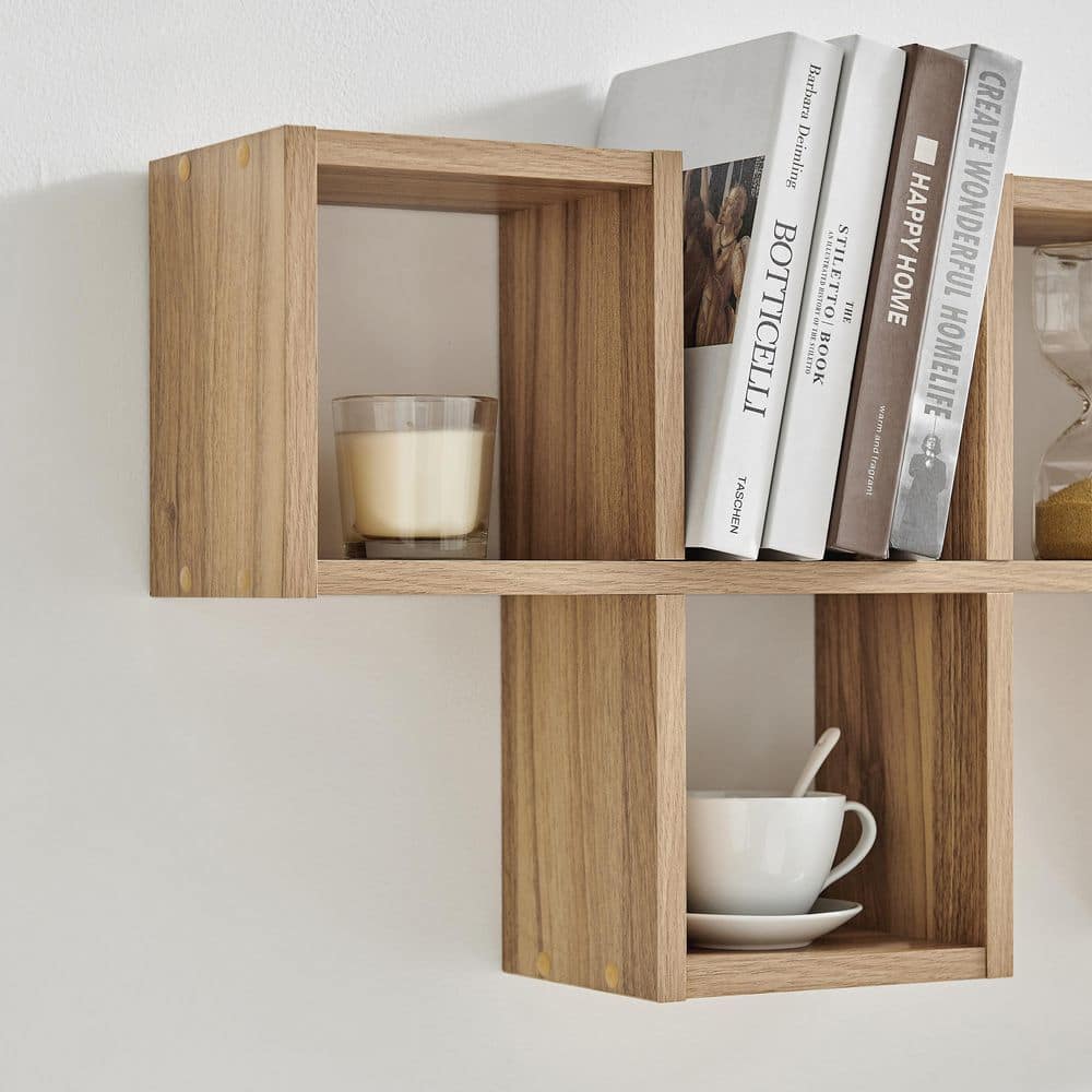 Chestnut Light Wood Floating Wall Shelf with Cubby Holes