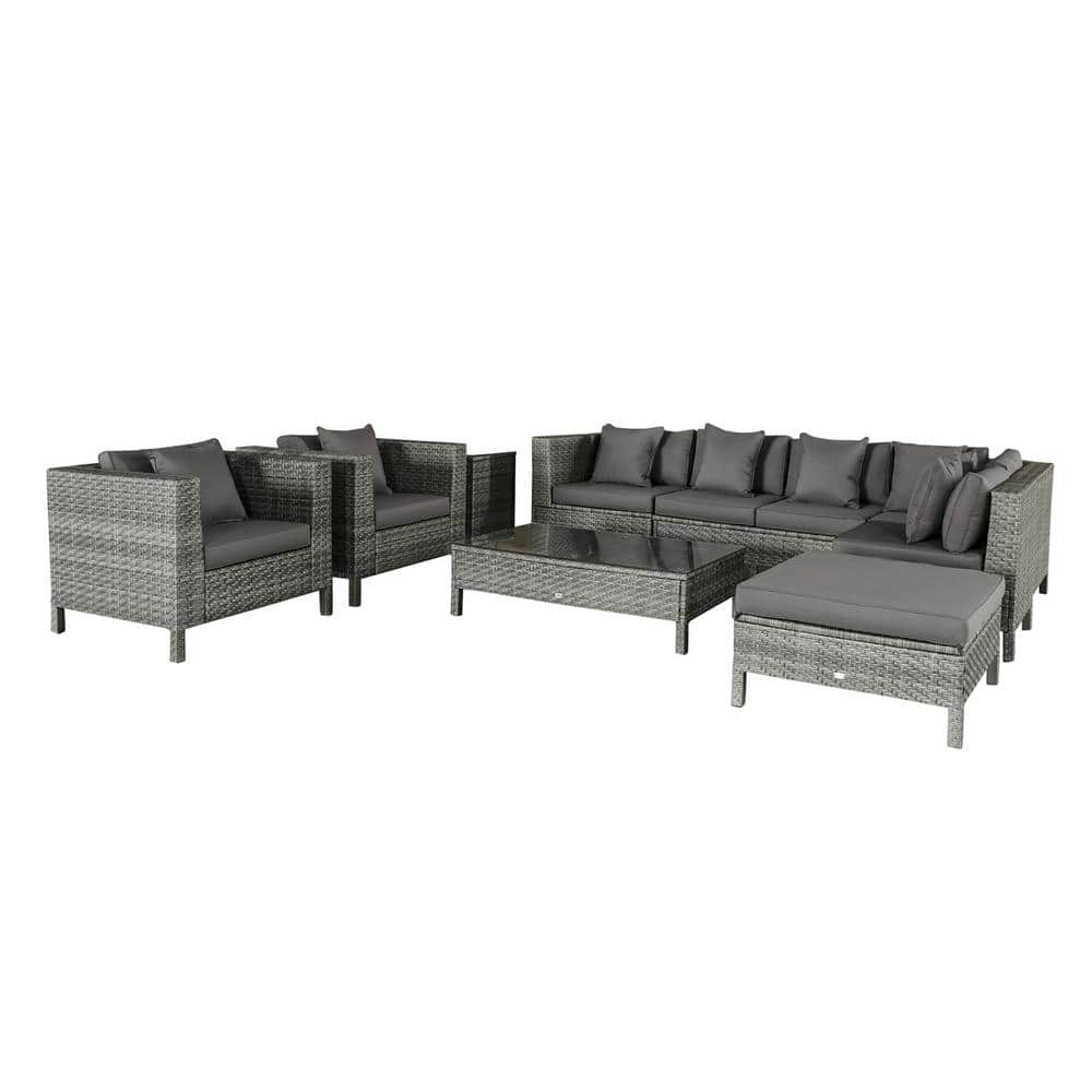 Gray 7-Person PE Rattan Outdoor Sectional Sofa Set with Cushions