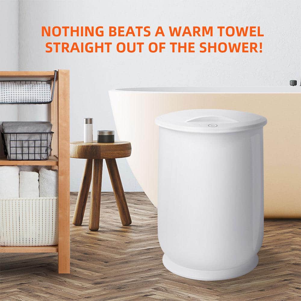 White Freestanding Electric Towel Warmer with Bamboo Handle
