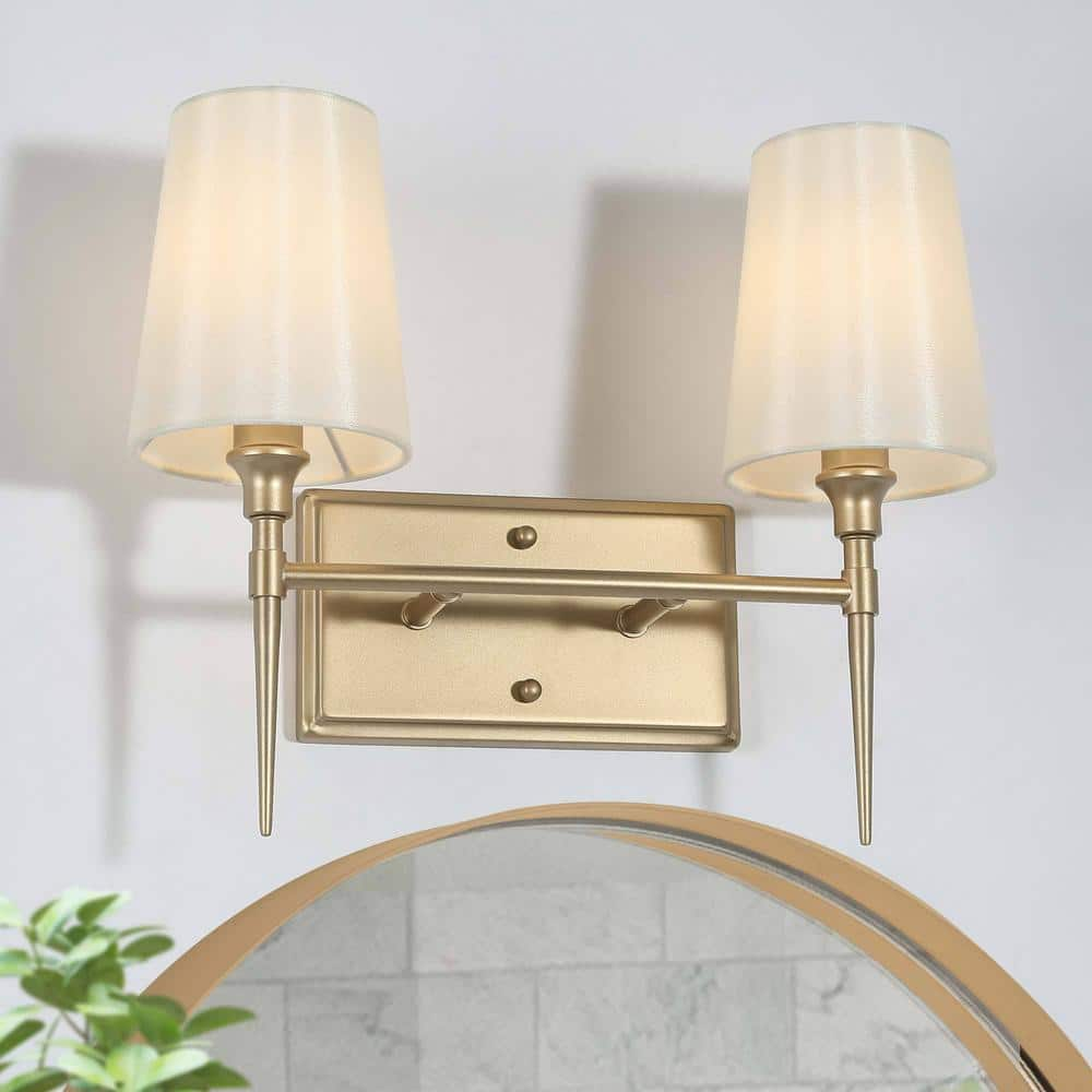 LNC A6ZAFRHD14300R7 Modern Classic Deep Gold 2-Light Bathroom Powder Room Arched Mirror Vanity Light with White Cone Fabric Shades