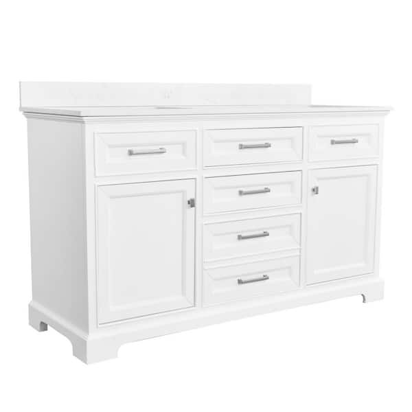 AstralLight 60 in. Double Sink Freestanding White Bath Vanity with White Quartz Stone Top