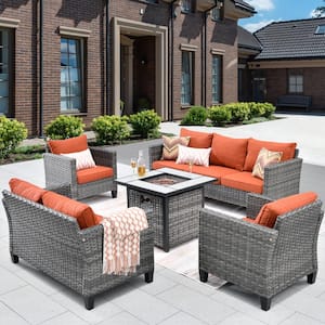 Lake Powell Gray 5-Piece Wicker Patio Conversation Fire Pit Seating Sofa Set with a Loveseat and Orange Red Cushions